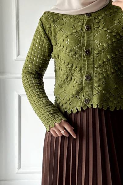 Ponponlu Kısa Hırka - Haki