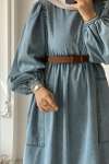 Robalı Kot Elbise- Açık Mavi