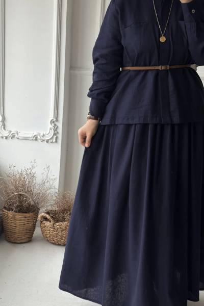 Saf Keten Etekli Takım - Koyu Lacivert