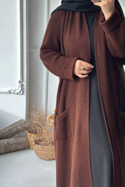 Şal Yaka Uzun Hırka - Kahverengi