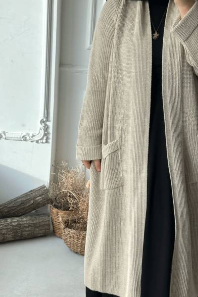 Şal Yaka Uzun Hırka - Taş