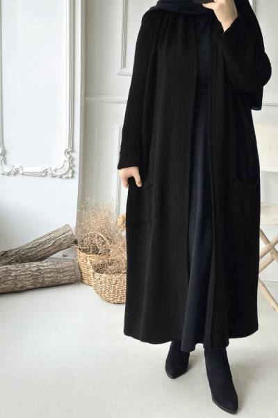 Şal Yaka Uzun Hırka - Siyah