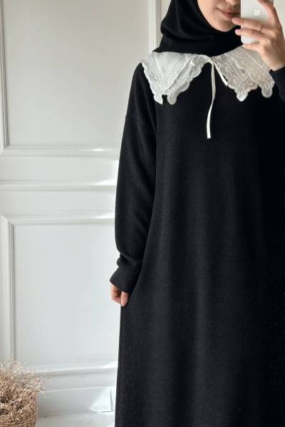 Yaka Detaylı Elbise - Siyah
