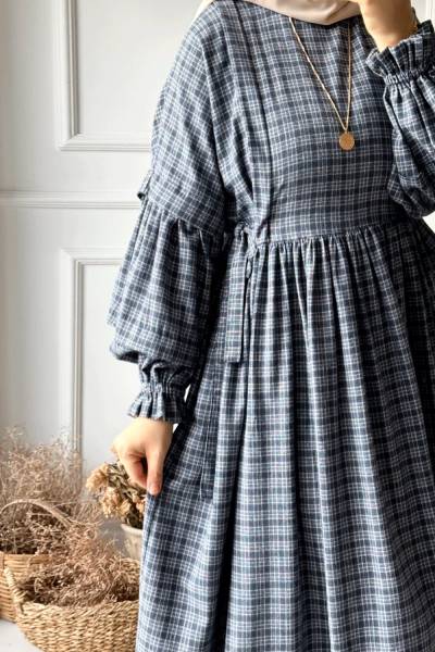 Yandan Bağcıklı Ekose Elbise - Lacivert