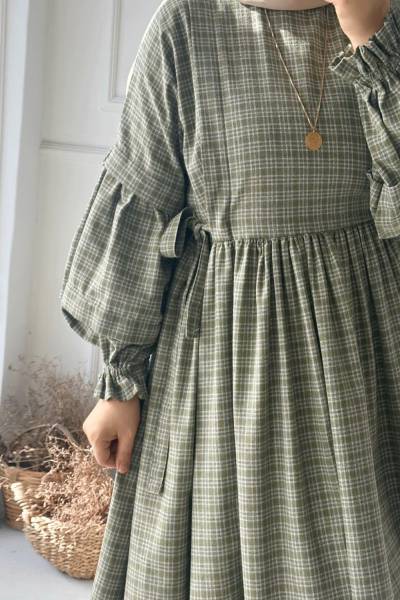 Yandan Bağcıklı Ekose Elbise - Yeşil