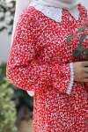 Dantel Yaka Çiçekli Elbise - Kırmızı
