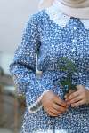 Dantel Yaka Çiçekli Elbise - Mavi